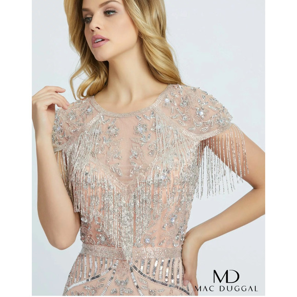Mac Duggal Beaded Fringe Gown Size 14 – Nude Silver Embellished Maxi Dress NWT - Picture 2 of 10